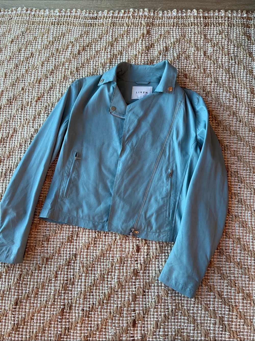 Liven Teal Blue Leather Moto Jacket